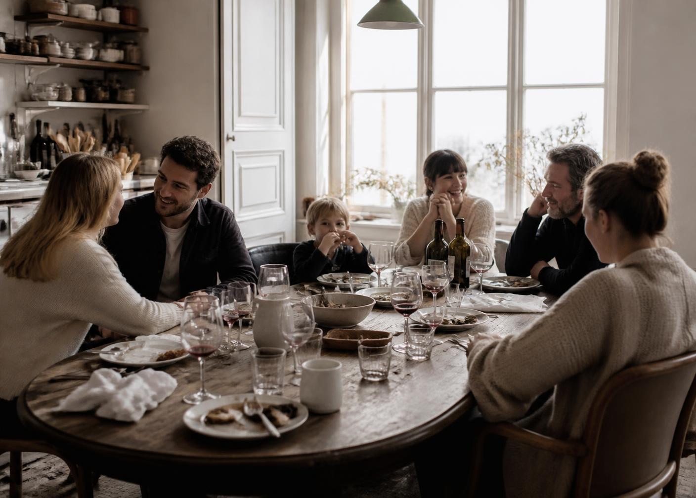 Familie und Freunde am gedeckten Küchentisch nach dem gemeinsamen Essen